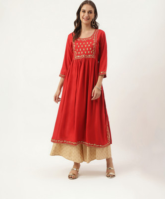 ESH CREATION Women Embroidered Flared Kurta(Maroon, Yellow)