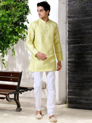 Tattva Men Geometric Print Straight Kurta(Yellow)