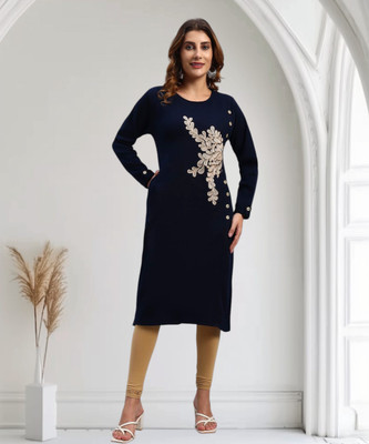 HEMLOCK Women Floral Print Straight Kurta(Blue)