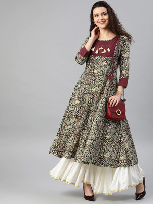 AKIKO Women Printed Anarkali Kurta(Maroon)