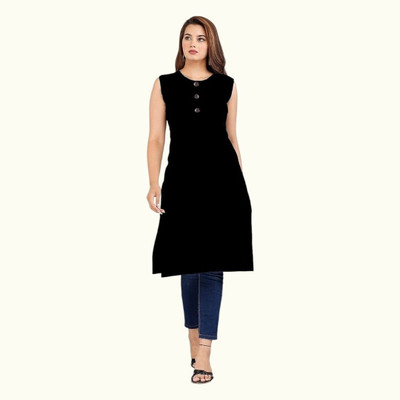 Good Straders Women Solid Straight Kurta(Black)