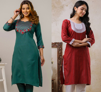 Auzanoor Collection Women Embroidered Straight Kurta(Multicolor)