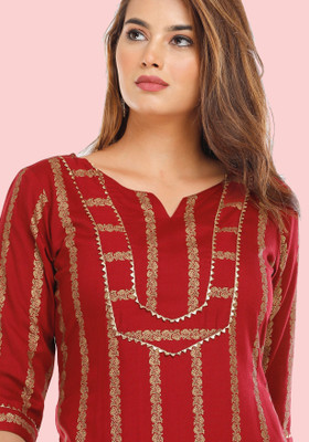 RR SA KURTIS Women Printed Straight Kurta(Red)