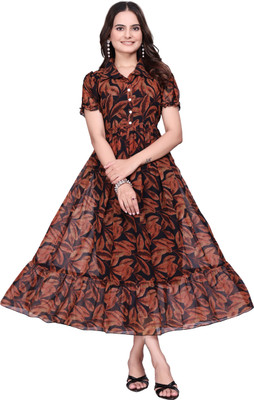 Parth Creation Women Printed, Abstract Flared Kurta(Black)