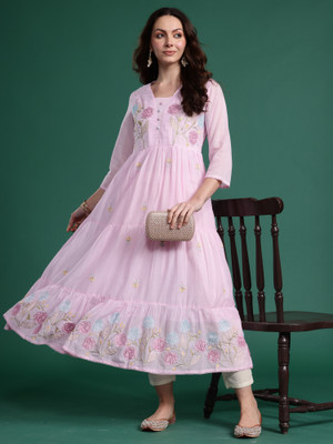 Indo Era Women Embroidered Anarkali Kurta(Pink)