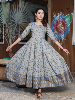 CHARVI CREATION Women Printed Anarkali Kurta(Grey)