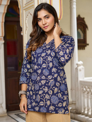 KAFTANIZE Women Printed Straight Kurta(Dark Blue)