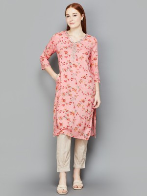 MELANGE Women Printed Straight Kurta(Pink)