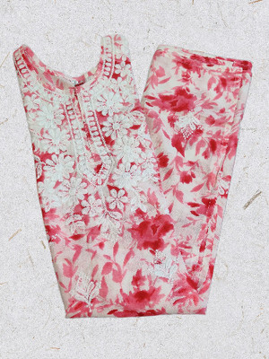 awadhfabric Women Floral Print, Embroidered Straight Kurta(White, Pink)