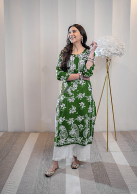 anushansa Women Printed Straight Kurta(Green)