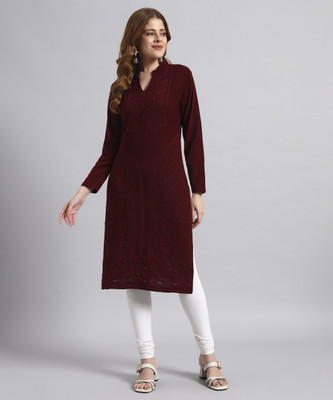 DUCOHIVE Women Self Design, Embellished Straight Kurta(Maroon)