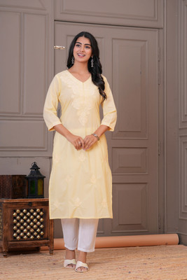 Rani Prints Women Chikan Embroidery Straight Kurta(Yellow)