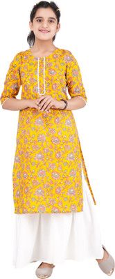 DMP EXPORT Girls Floral Print Straight Kurta(Yellow)
