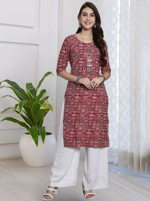 EthnicBasket Women Printed Straight Kurta(Red)