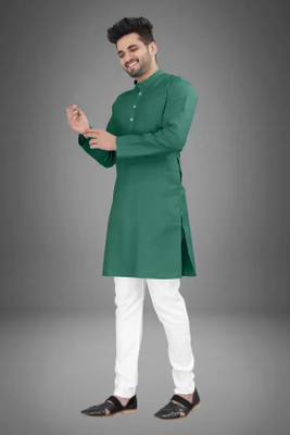 VyomCreation Men Solid Straight Kurta(Green, White)