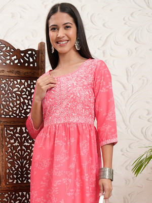 Vishudh Women Printed A-line Kurta(Pink)