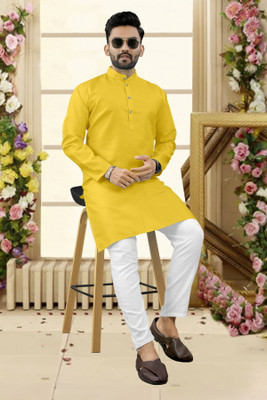 Shree Dutt Creation Men Solid Straight Kurta(Yellow)