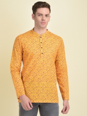 DEYANN Men Printed Straight Kurta(Yellow)