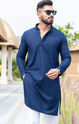 Lazzly Men Chikan Embroidery A-line Kurta(Blue)