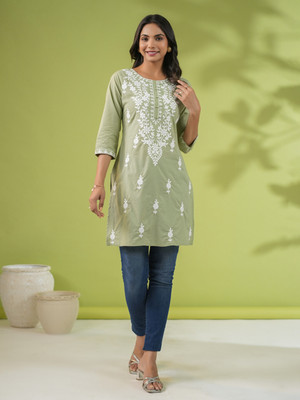 Janasya Women Embroidered Straight Kurta(Light Green)