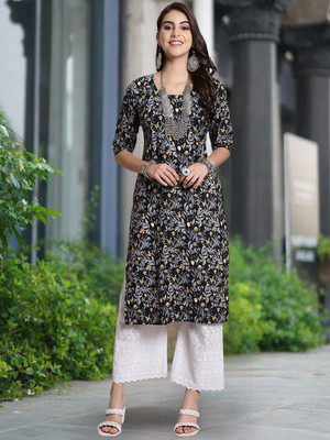 Moda Rapido Women Floral Print Straight Kurta(Black)