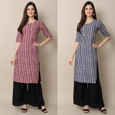 Raj creation Women Printed A-line Kurta(Maroon, White, Dark Blue)