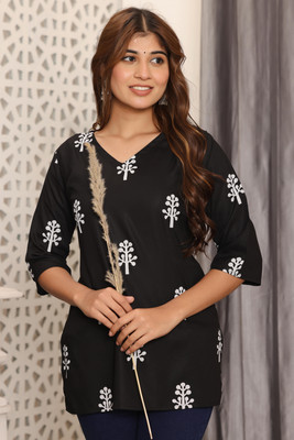 JSIMAR Women Printed Straight Kurta(Black)