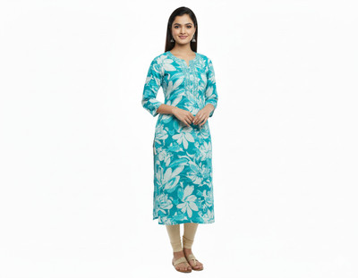 AR Vastraa Women Printed Straight Kurta(Light Blue)