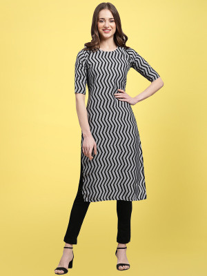 1 Stop Fashion Women Printed Straight Kurta(Black, Grey)