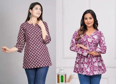 ARZOO Women Floral Print Flared Kurta(Maroon, Purple)