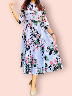 mk creation Women Printed Anarkali Kurta(White)