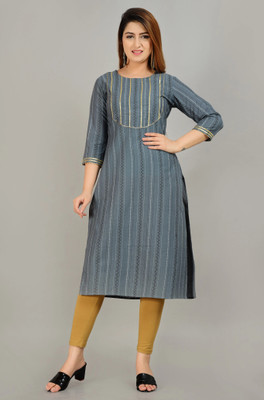 Glowworld Women Printed Straight Kurta(Grey, Yellow)
