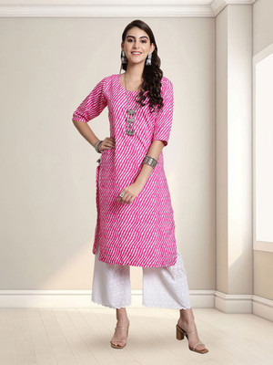 HERE&NOW Women Striped Straight Kurta(Pink)
