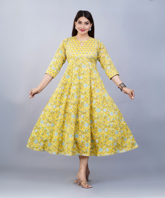 Som&Dee Women Floral Print Anarkali Kurta(Yellow)