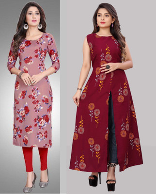 maruti fab Women Striped, Printed Straight Kurta(Maroon, Pink)