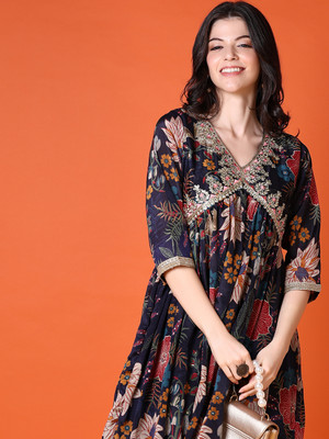 V-MART Women Printed A-line Kurta(Blue)