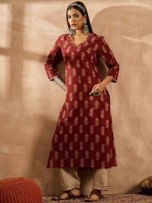 Indo Era Women Self Design Straight Kurta(Maroon)