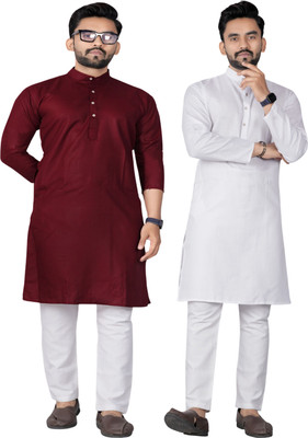 DHASU TRENDZ Men Solid Straight Kurta(Maroon, White)