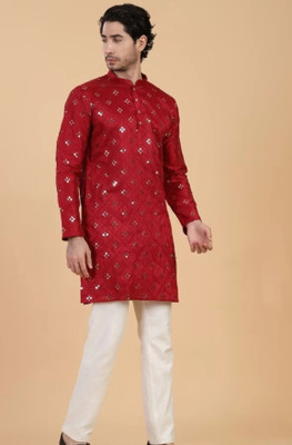 Mamta Biswas Men Embroidered Straight Kurta(Red)