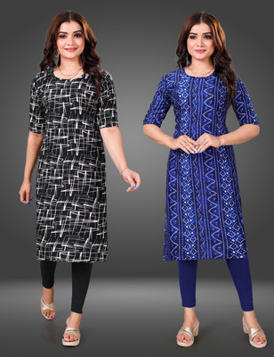 RITOSA Women Printed Straight Kurta(Dark Blue)