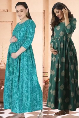 RANGRAIL Women Printed Gown Kurta(Green, Light Blue)