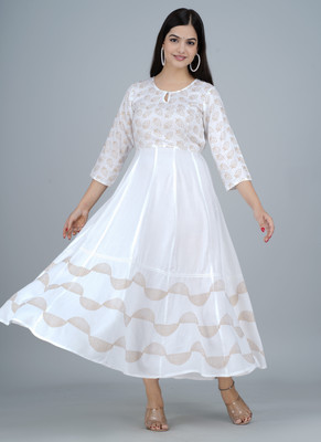 RV EXPO Women Block Print Anarkali Kurta(White)