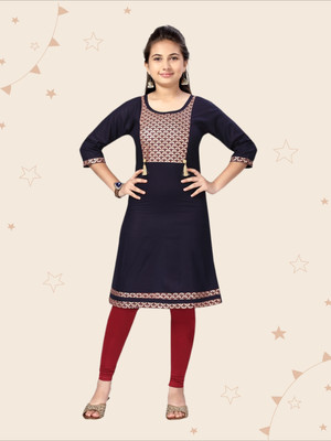 Kidotsav Girls Abstract A-line Kurta(Dark Blue, Gold, Maroon)