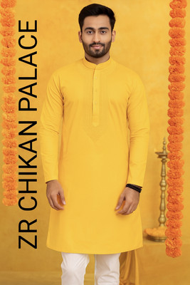 ZR CHIKAN PALACE Men Solid Straight Kurta(Yellow)