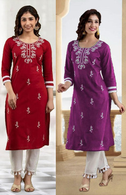SISTO Women Chikan Embroidery Straight Kurta(Multicolor)