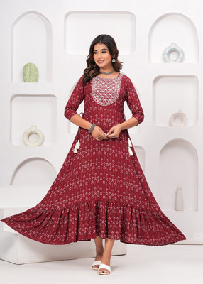 CHANDAFEB Women Floral Print Anarkali Kurta(Maroon)