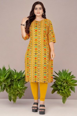 siya silk studio Women Printed Straight Kurta(Yellow)