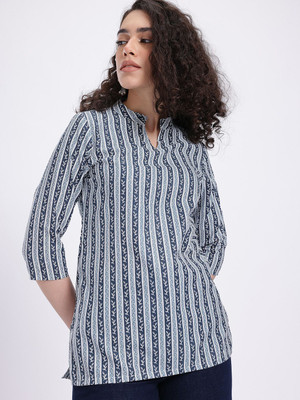 Anouk Rustic Women Striped Straight Kurta(Blue)