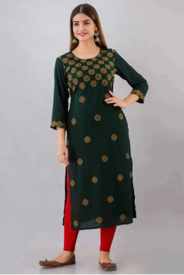 GODWEEN Women Printed Straight Kurta(Green)