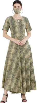 Purser Women Animal Print Anarkali Kurta(Green)